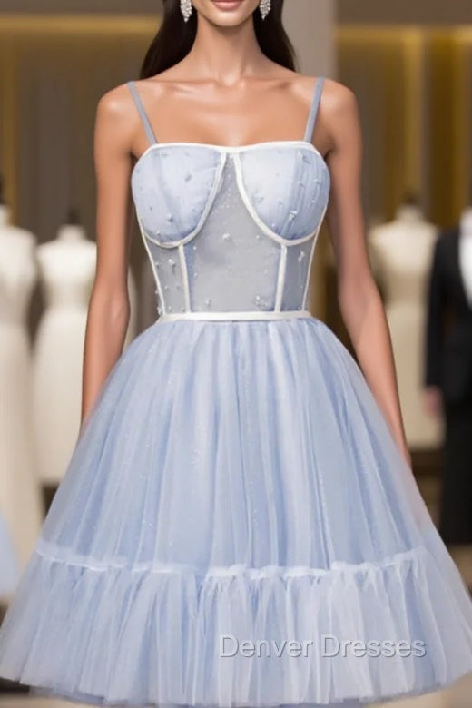 Blue Tulle Spaghetti Pleats Beading Homecoming Dress Main image
