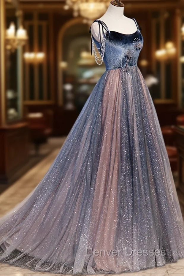 Blue Tulle Spaghetti Strap Long Prom Dress, A-Line Lace-Up Evening Dress Secondary image