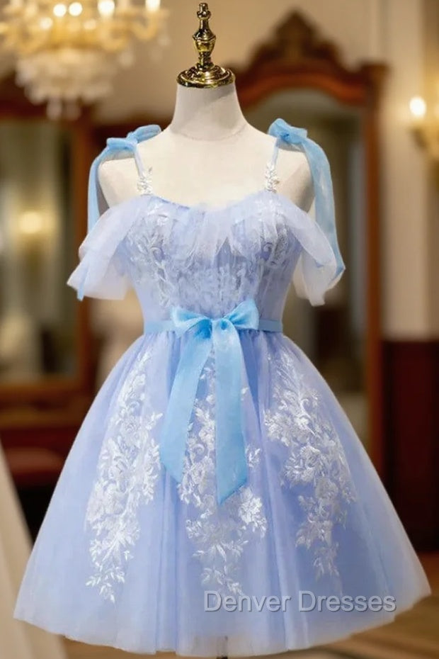 Blue Tulle Spaghetti Straps Appliques Homecoming Dress Main image