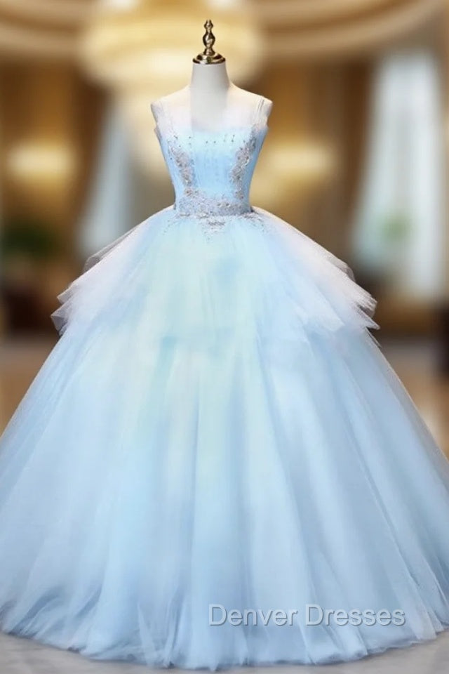 Blue Tulle Spaghetti Straps Appliques Quinceanera Dress Main image