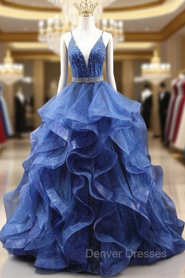 Blue Tulle Spaghetti Straps Beaded Prom Dress