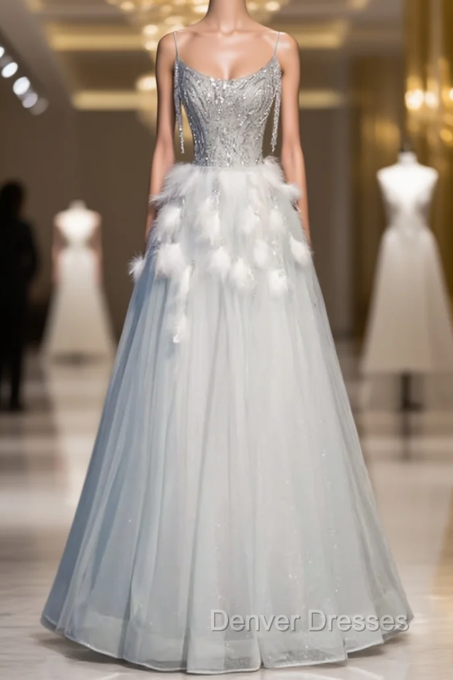 Blue Tulle Spaghetti Straps Beading Feather Prom Dress Main image