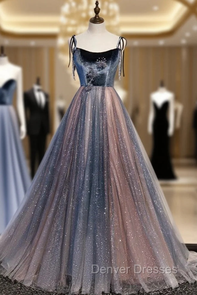 Blue Tulle Spaghetti Straps Beading Prom Dress Main image