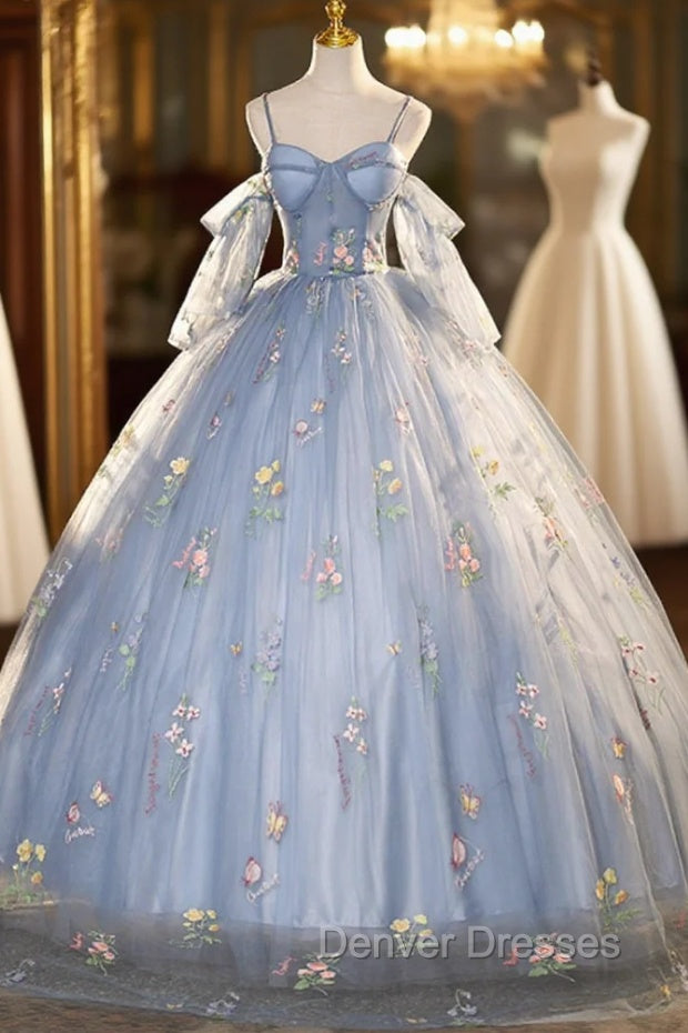 Blue Tulle Spaghetti Straps Embroidery Quinceanera Dress Main image