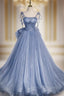 Blue Tulle Spaghetti Straps Flower Bow Prom Dress