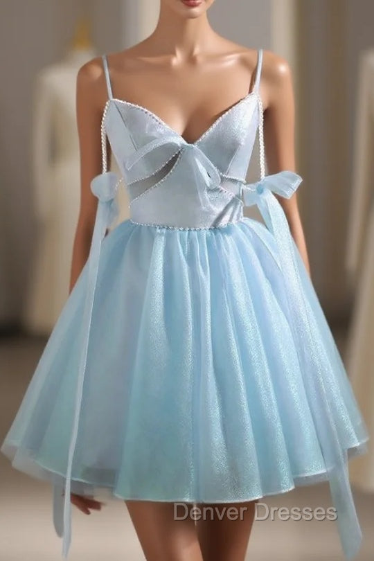 Blue Tulle Spaghetti Straps Pearls Homecoming Dress