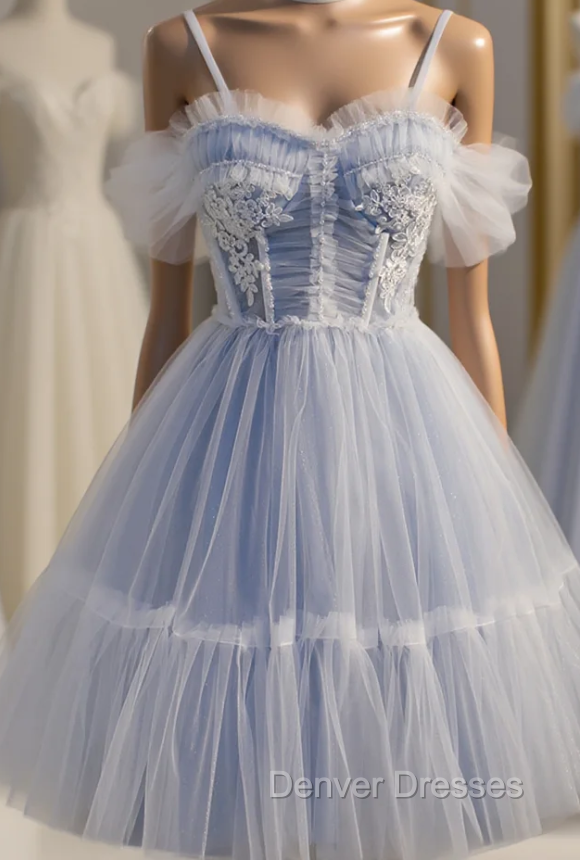 Blue Tulle Spaghetti Straps Pleats Homecoming Dress Main image