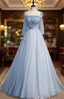 Blue Tulle Spaghetti Straps Sleeveless Prom Dress