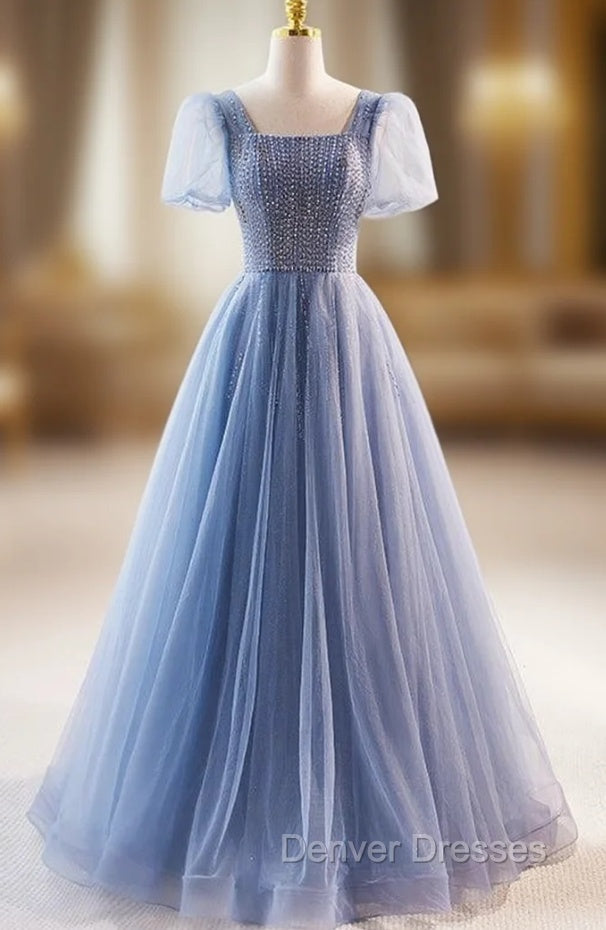 Blue Tulle Square Neck Short Sleeve Beading Prom Dress Main image