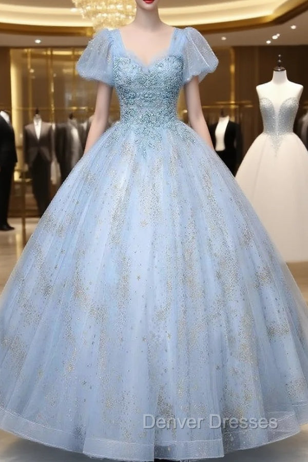 Blue Tulle Square Puff Sleeve Beading Quinceanera Dress Main image