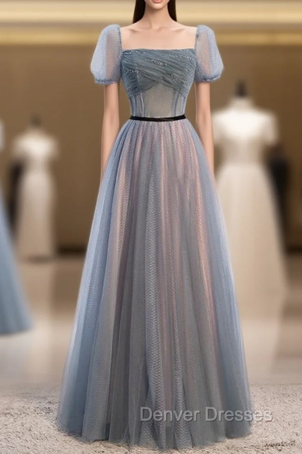 Blue Tulle Square Short Sleeve Pleats Beading Prom Dress Main image