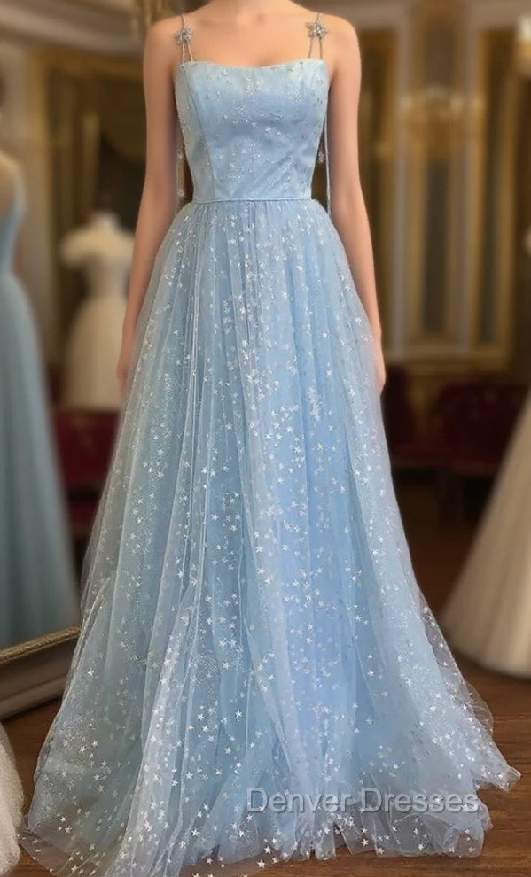 Blue Tulle Star Sequins Spaghetti Straps Prom Dress