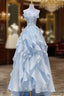 Blue Tulle Strapless Appliques Prom Dress