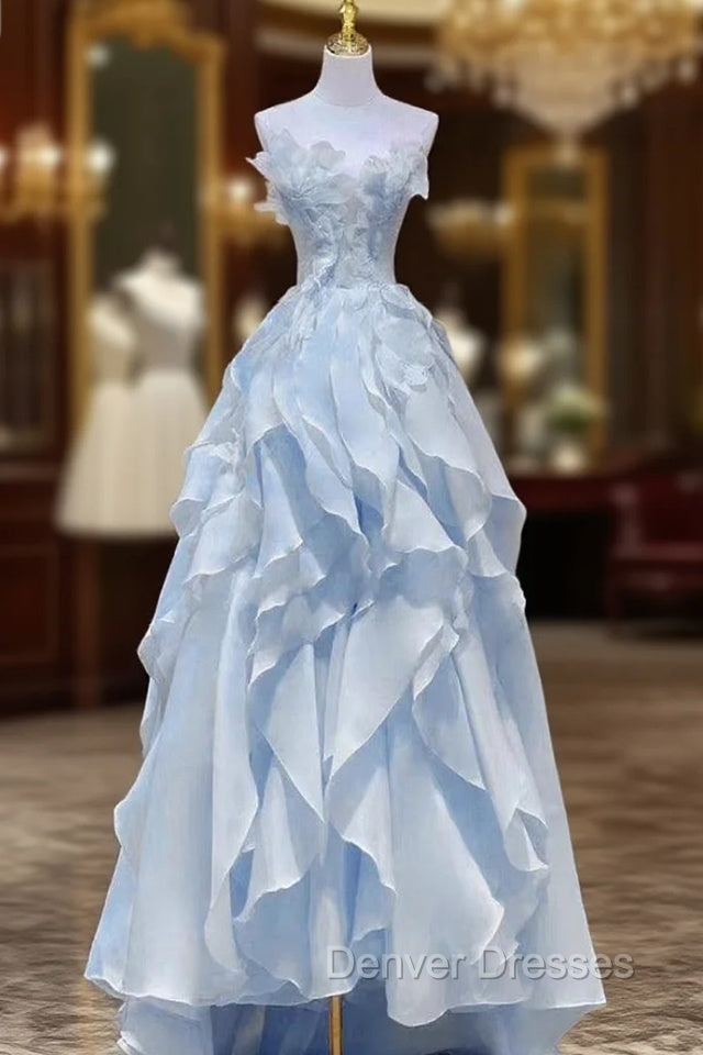 Blue Tulle Strapless Appliques Prom Dress Main image