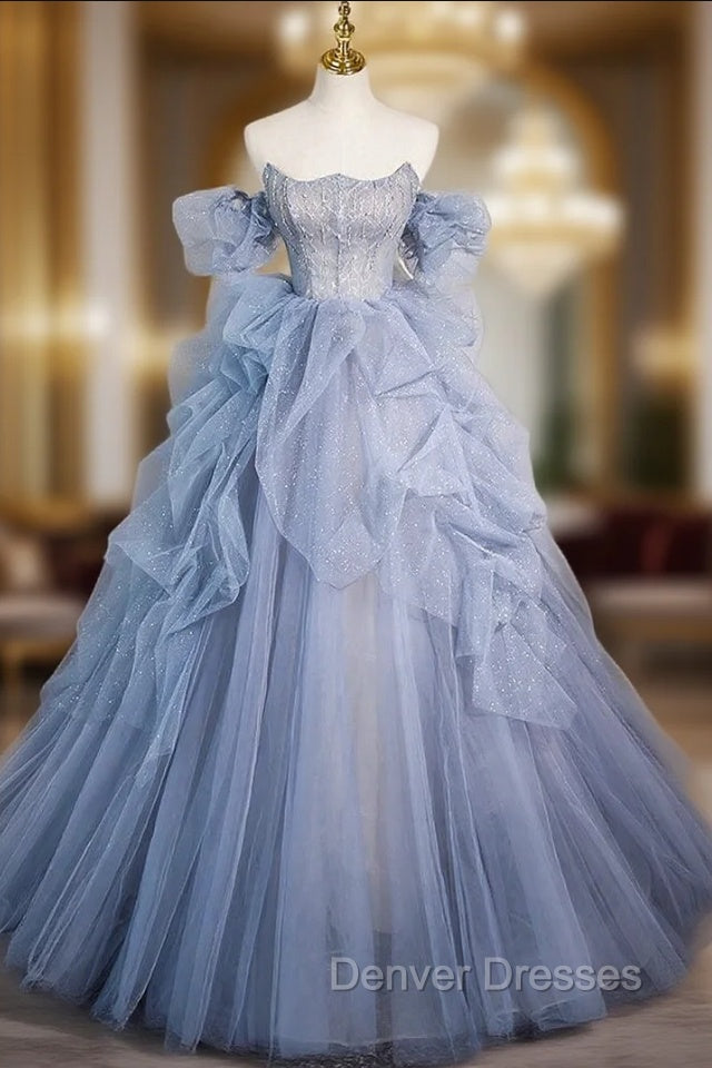 Blue Tulle Strapless Beading Prom Dress Main image