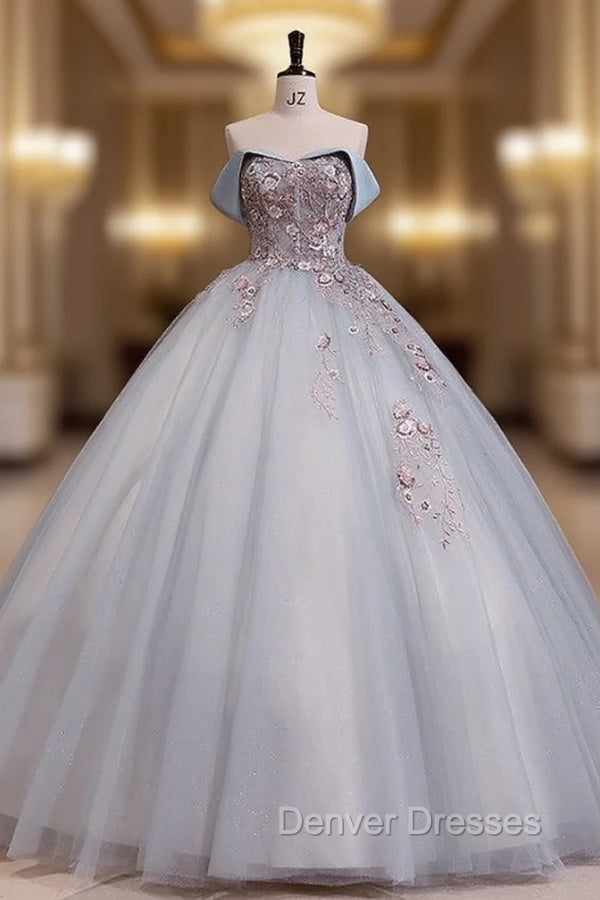 Blue Tulle Strapless Embroidery Flower Quinceanera Dress Main image