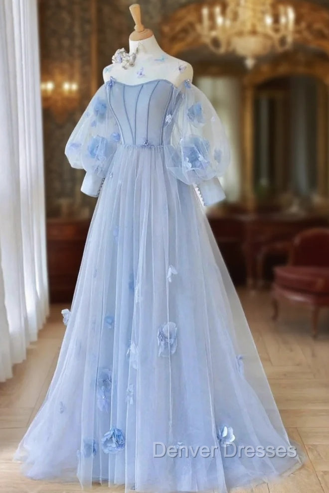 Blue Tulle Strapless Long Sleeve Flower Prom Dress