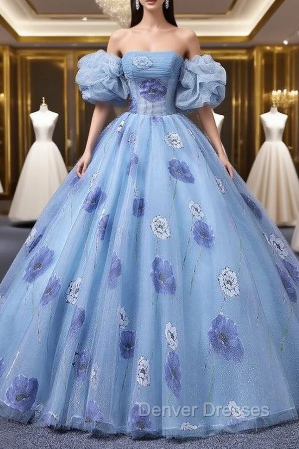 Blue Tulle Strapless Print Quinceanera Dress Main image