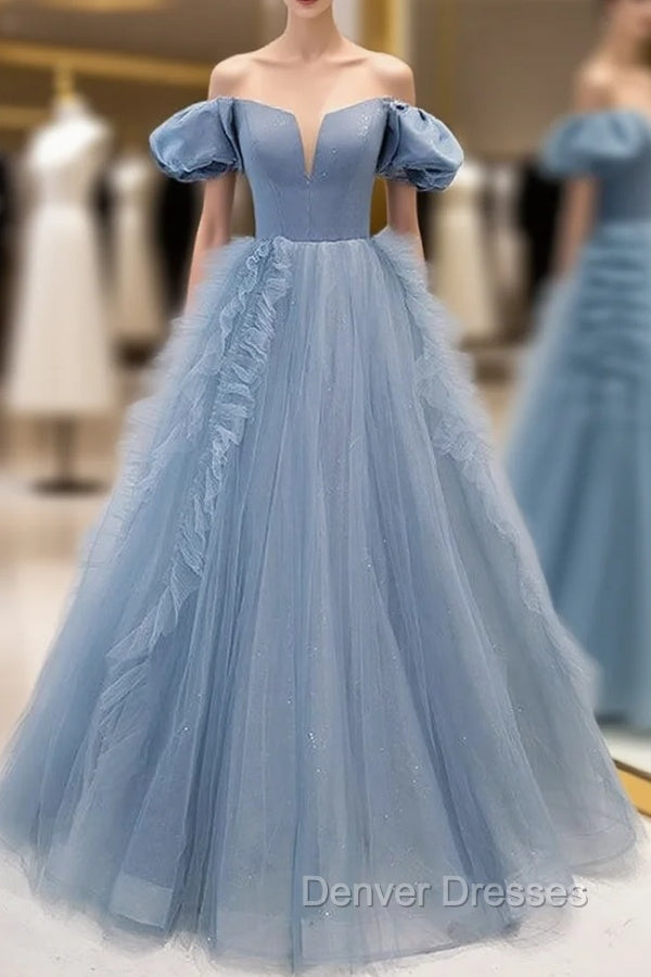 Blue Tulle Strapless Prom Dress With Detachable Sleeve