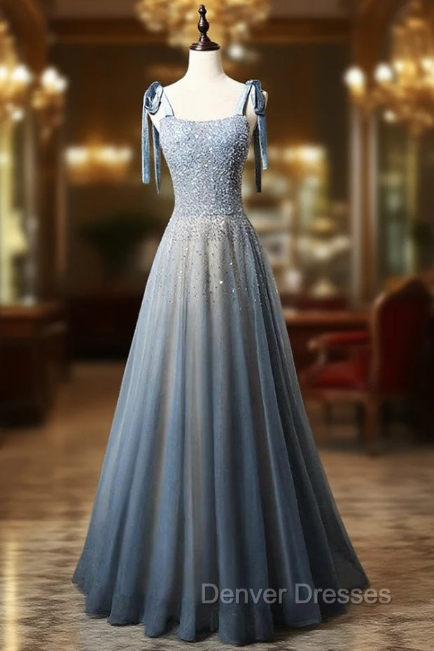 Blue Tulle Straps Beading Prom Dress Main image