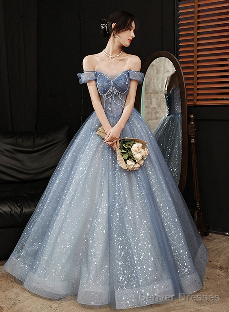Blue Tulle Sweetheart Beaded Long Formal Evening Dress, A-Line Tulle Party Dresses Main image