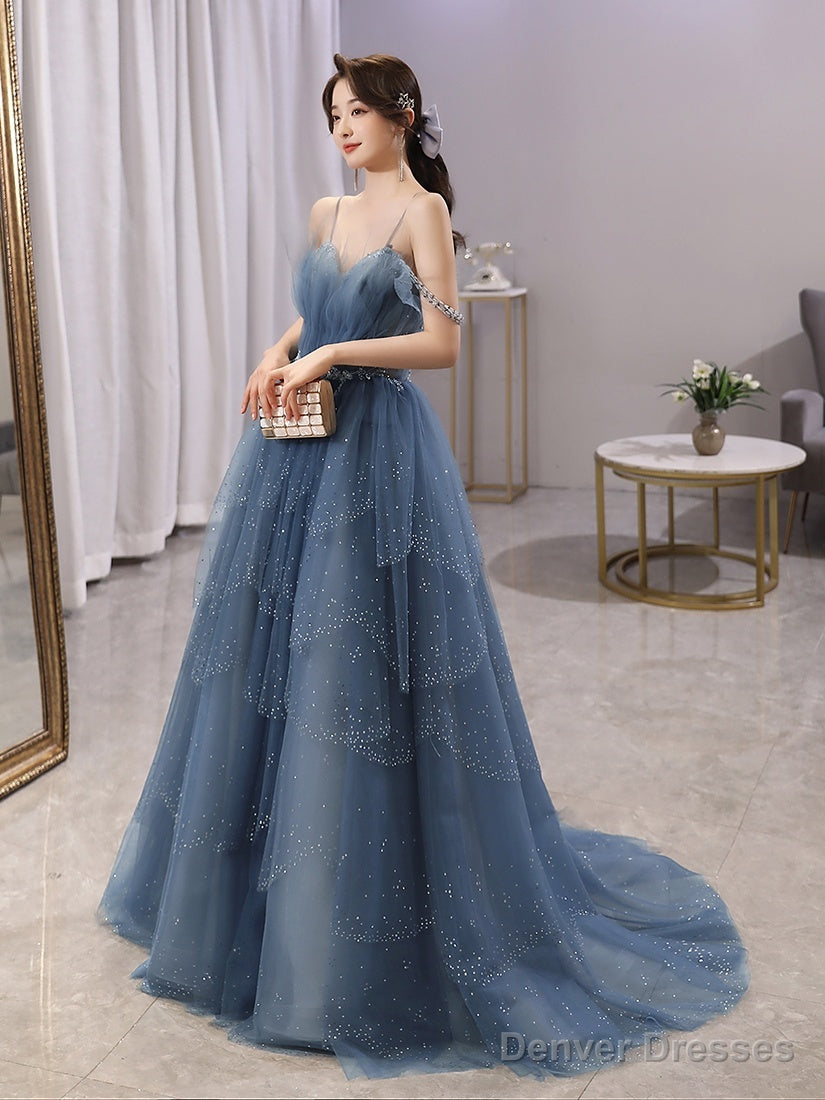 Blue Tulle Sweetheart Beaded Straps A-Line Junior Prom Dress, Blue Long Evening Dress Secondary image
