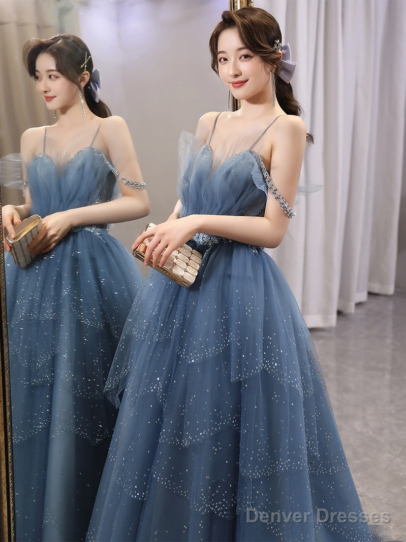 Blue Tulle Sweetheart Beaded Straps A-Line Junior Prom Dress, Blue Long Evening Dress