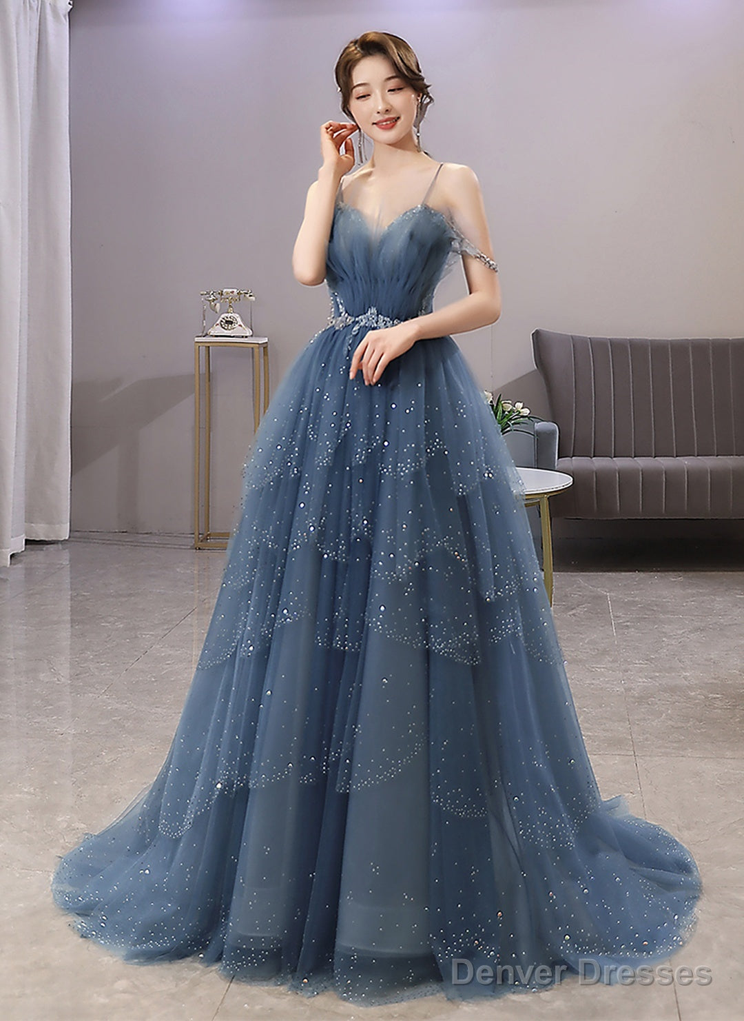 Blue Tulle Sweetheart Beaded Straps A-Line Junior Prom Dress, Blue Long Evening Dress Main image