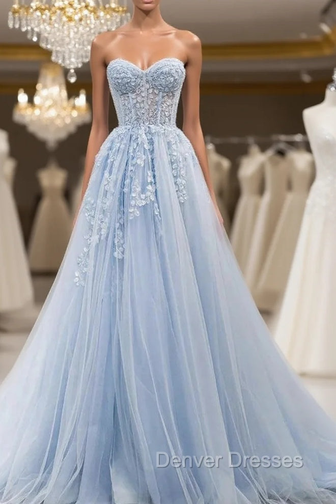 Blue Tulle Sweetheart Neck Appliques Prom Dress Main image