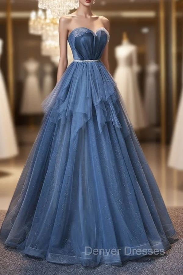 Blue Tulle Sweetheart Simple Pretty Floor Length Party Dress, Blue A-line Evening Dress Prom Dress Secondary image