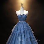 Blue Tulle Sweetheart Simple Pretty Floor Length Party Dress, Blue A-line Evening Dress Prom Dress