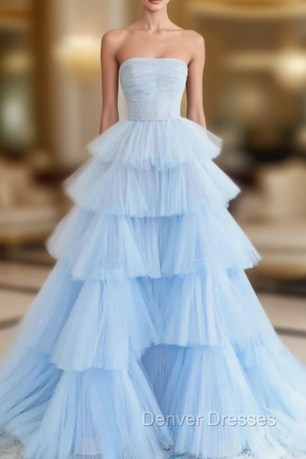 Blue Tulle Tiers Strapless Pleats Prom Dress