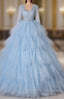 Blue Tulle Tulle Short Sleeve Appliques Quinceanera Dress