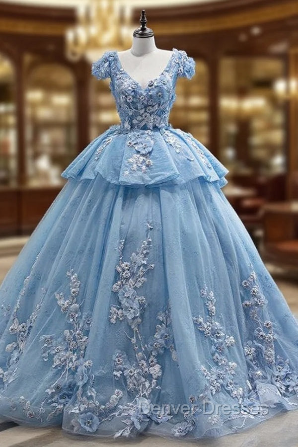 Blue Tulle V-neck Appliques Cap Sleeve Prom Dress Main image
