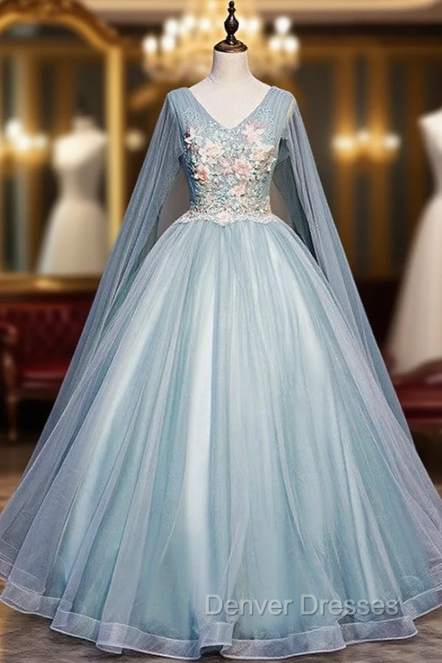 Blue Tulle V-neck Appliques Pleats Quinceanera Dress Main image