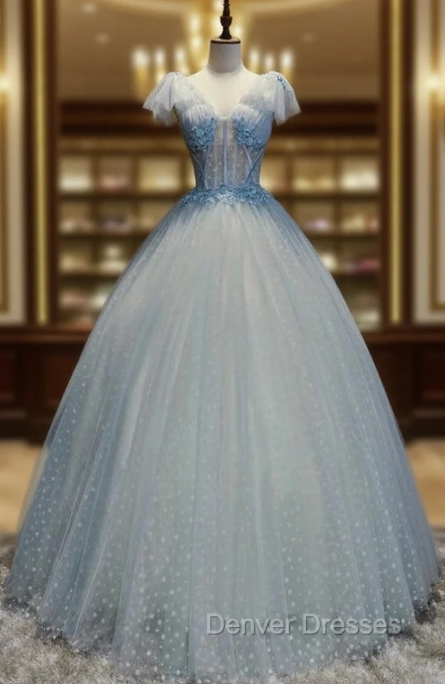 Blue Tulle V-neck Appliques Quinceanera Dress Main image