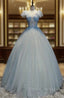 Blue Tulle V-neck Appliques Quinceanera Dress