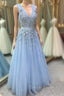 Blue Tulle V-neck Flower Beading Prom Dress