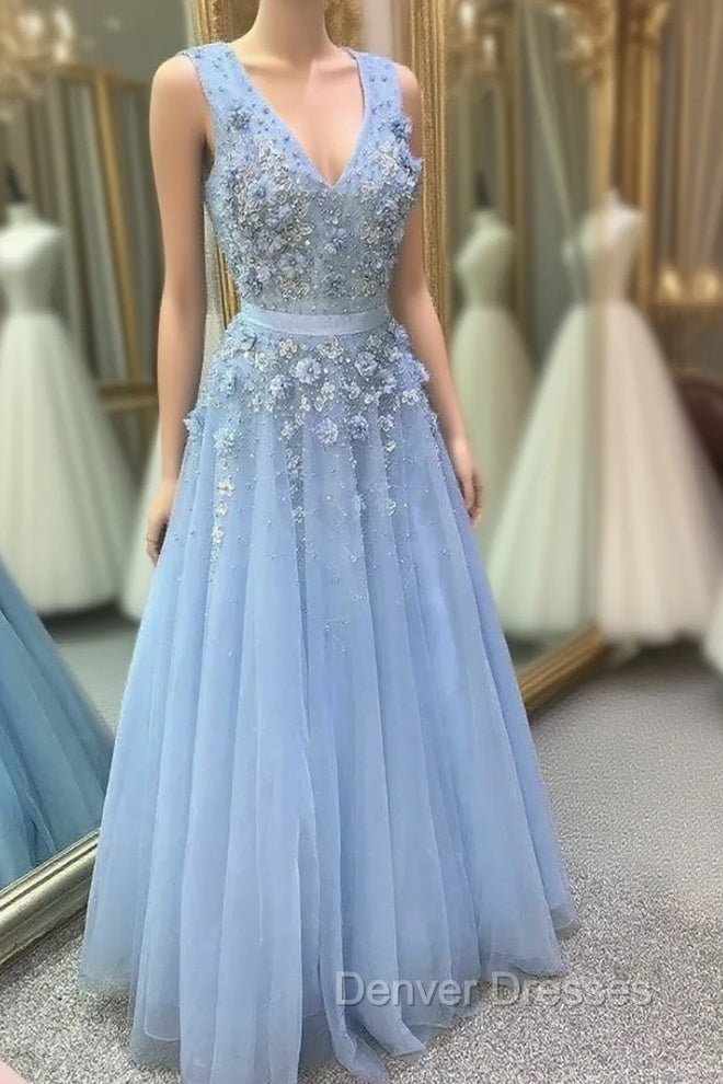 Blue Tulle V-neck Flower Beading Prom Dress