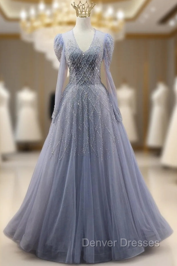 Blue Tulle V-neck Long Sleeve Beading Prom Dress