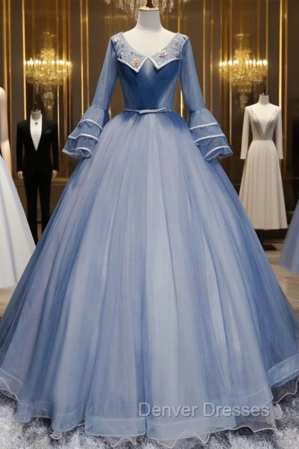 Blue Tulle V-neck Long Sleeve Pleats Quinceanera Dress Main image