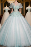 Blue Tulle V-neck Short Sleeve Flower Quinceanera Dress
