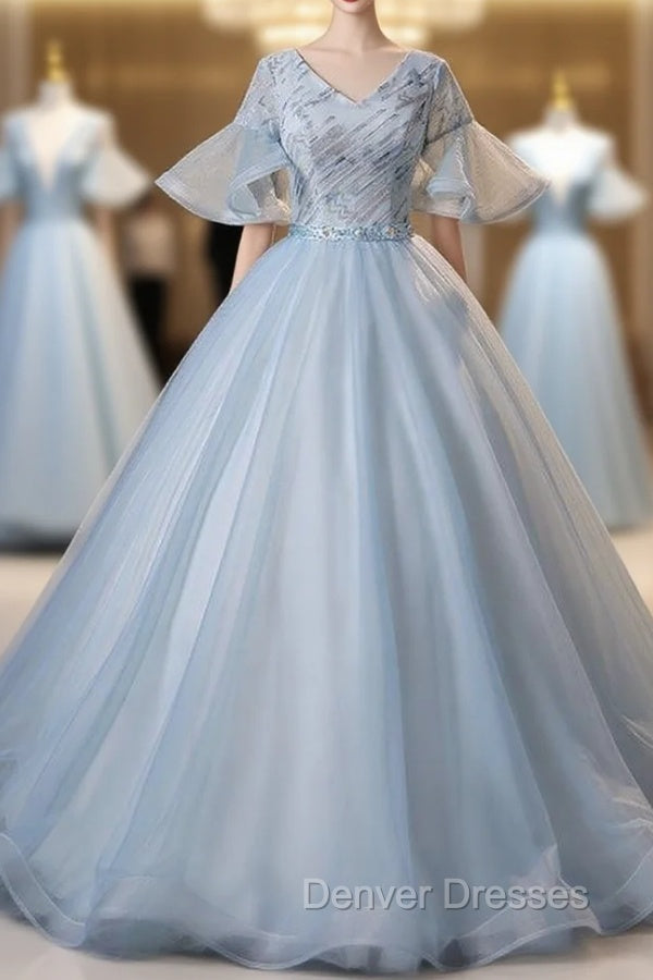 Blue Tulle V-neck Short Sleeve Quinceanera Dress