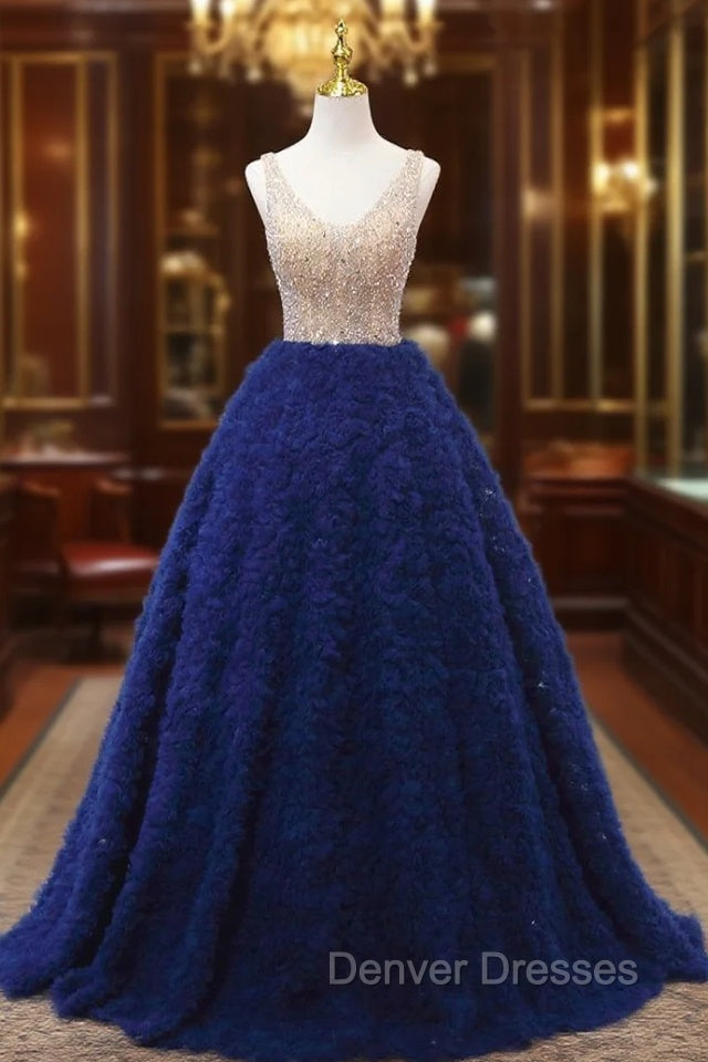 Blue Tulle V-neck Tiers Beading Prom Dress