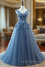 Blue Tulle V-neckline Long Party Dress , Tulle Formal Dress