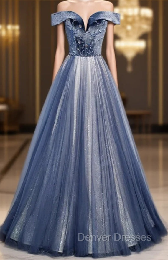 Blue Tulle Velvet Off the Shoulder Beading Prom Dress Main image