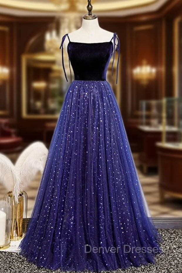 Blue Tulle Velvet Star Sequins Spaghetti Straps Prom Dress Main image