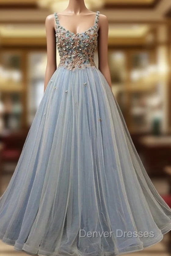 Blue Tulle with Flowers Straps Long Evening Dress, Blue Prom Party Dress