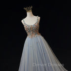 Blue Tulle with Flowers Straps Long Evening Dress, Blue Prom Party Dress