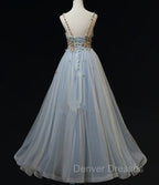 Blue Tulle with Flowers Straps Long Evening Dress, Blue Prom Party Dress